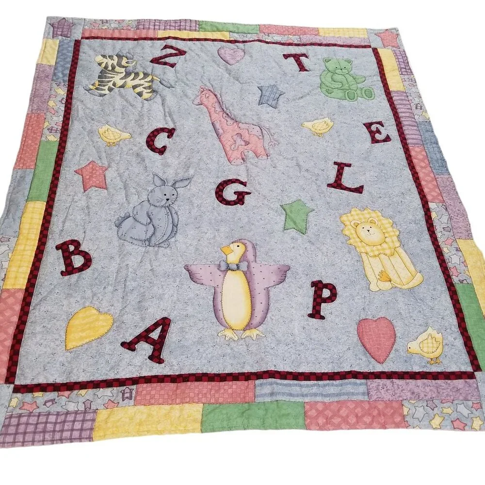 Baby Quilt Throw Crib Alphabet Zoo Animals Blue Pink Bear Lion Rabbit Stitched 3